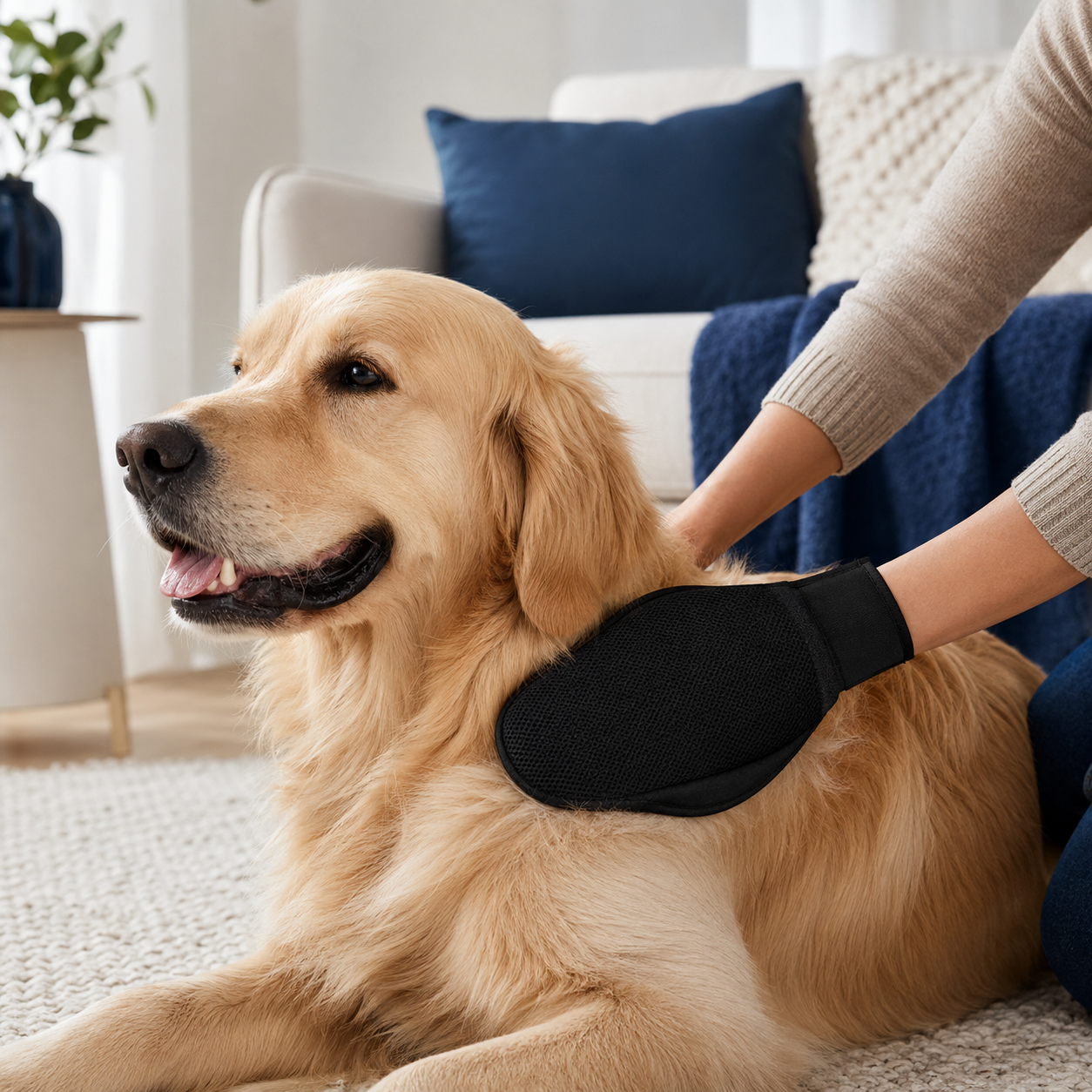 Golden retriever being gently groomed with a black grooming mitt