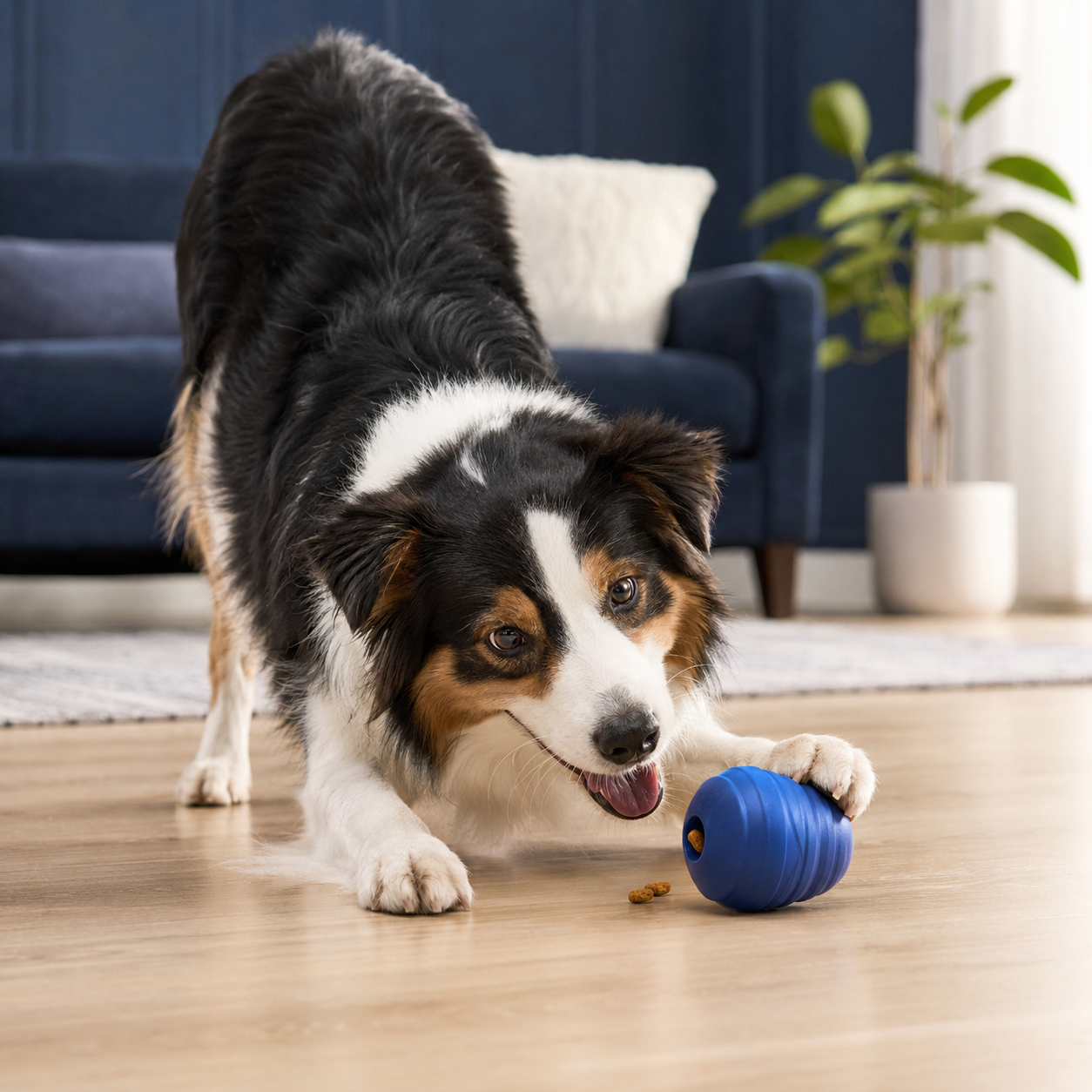 Dog playing with a blue treat-dispensing toy in a modern home