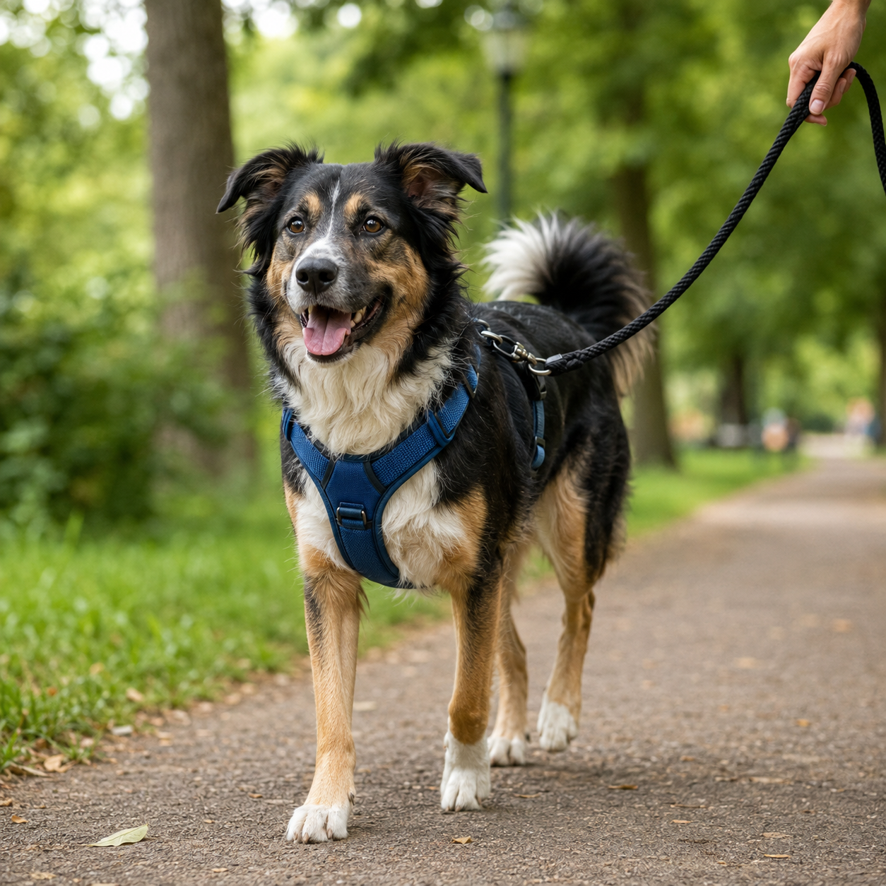 Dog wearing a blue harness and black leash on a park walk