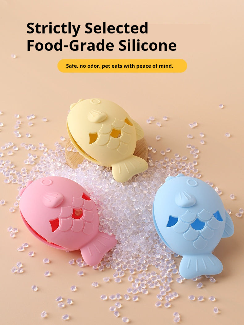 Blue, yellow, and pink fish-shaped silicone treat dispenser toys