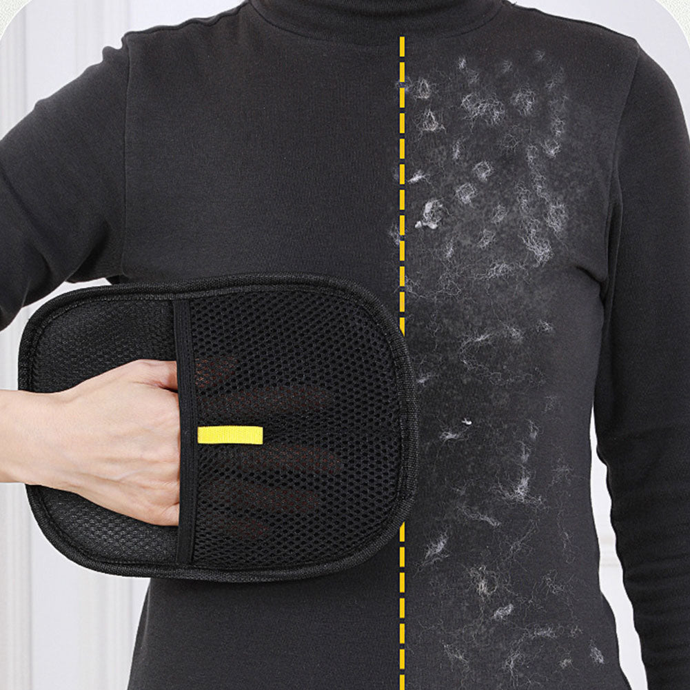 FurLift mitt removing loose pet hair from black clothing