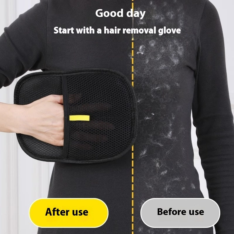 Before-and-after pet hair removal from black clothing with FurLift mitt