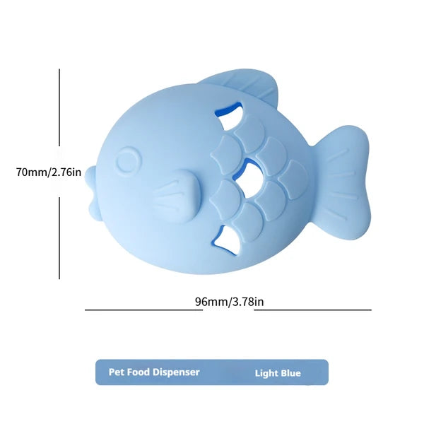 Blue fish-shaped treat dispenser dimensions: 3.78 by 2.76 inches