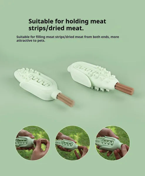 Green Paw Haven corn chew toy holding slim dog treats