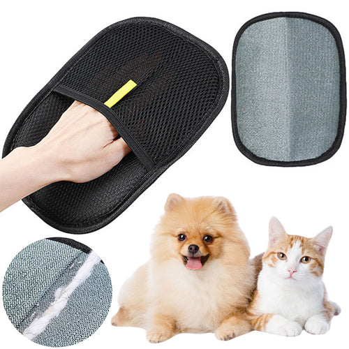 Black FurLift grooming mitt shown with a dog and cat