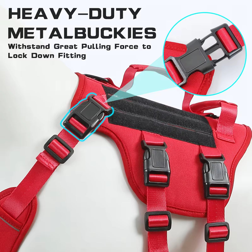 Red TrailGuard harness with heavy-duty quick-release buckles