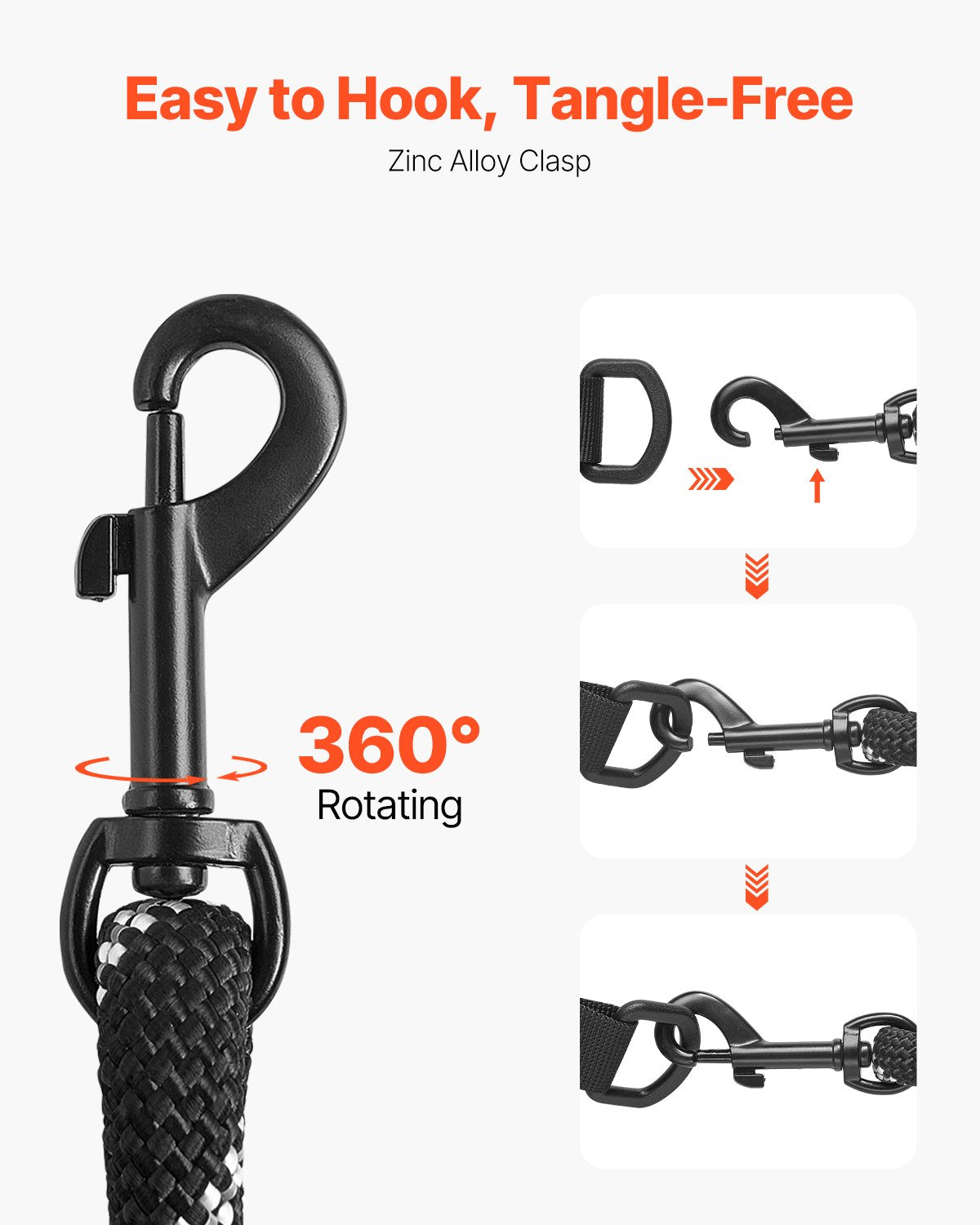 Close-up of 360-degree swivel clasp on black rope dog leash