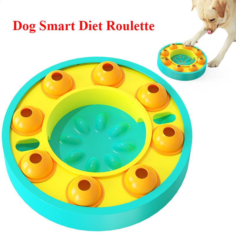 Blue and yellow interactive dog puzzle feeder with outer treat chambers