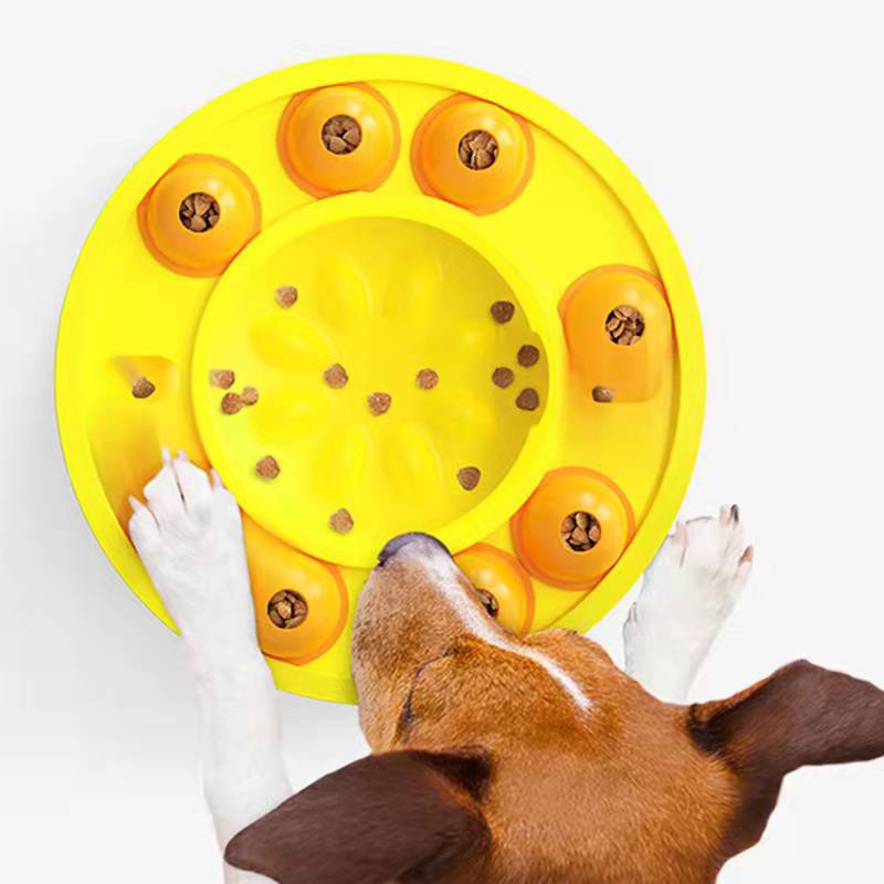 Dog using the yellow Houndrise Spin & Seek Puzzle Feeder