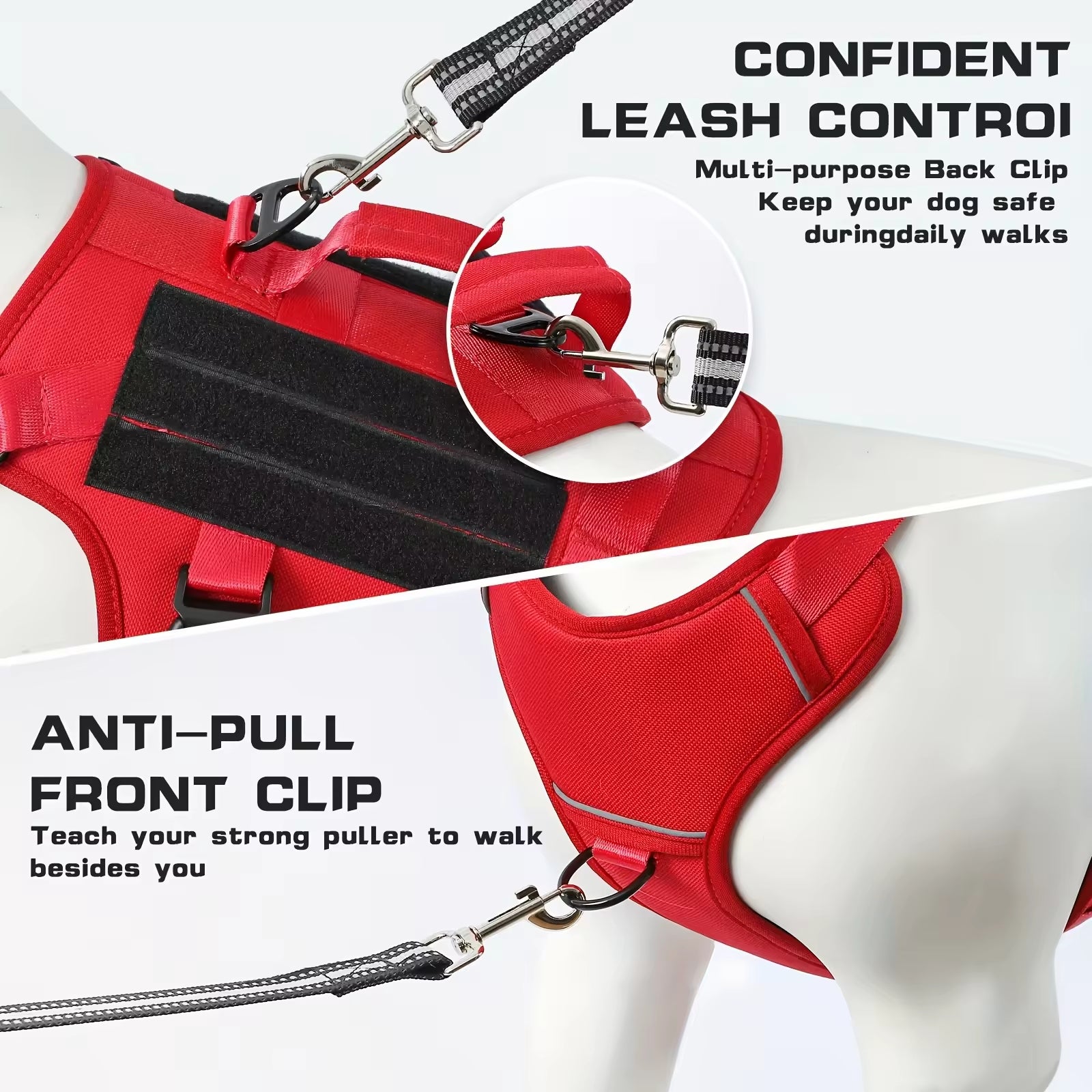 Red TrailGuard harness showing front and back leash attachment points