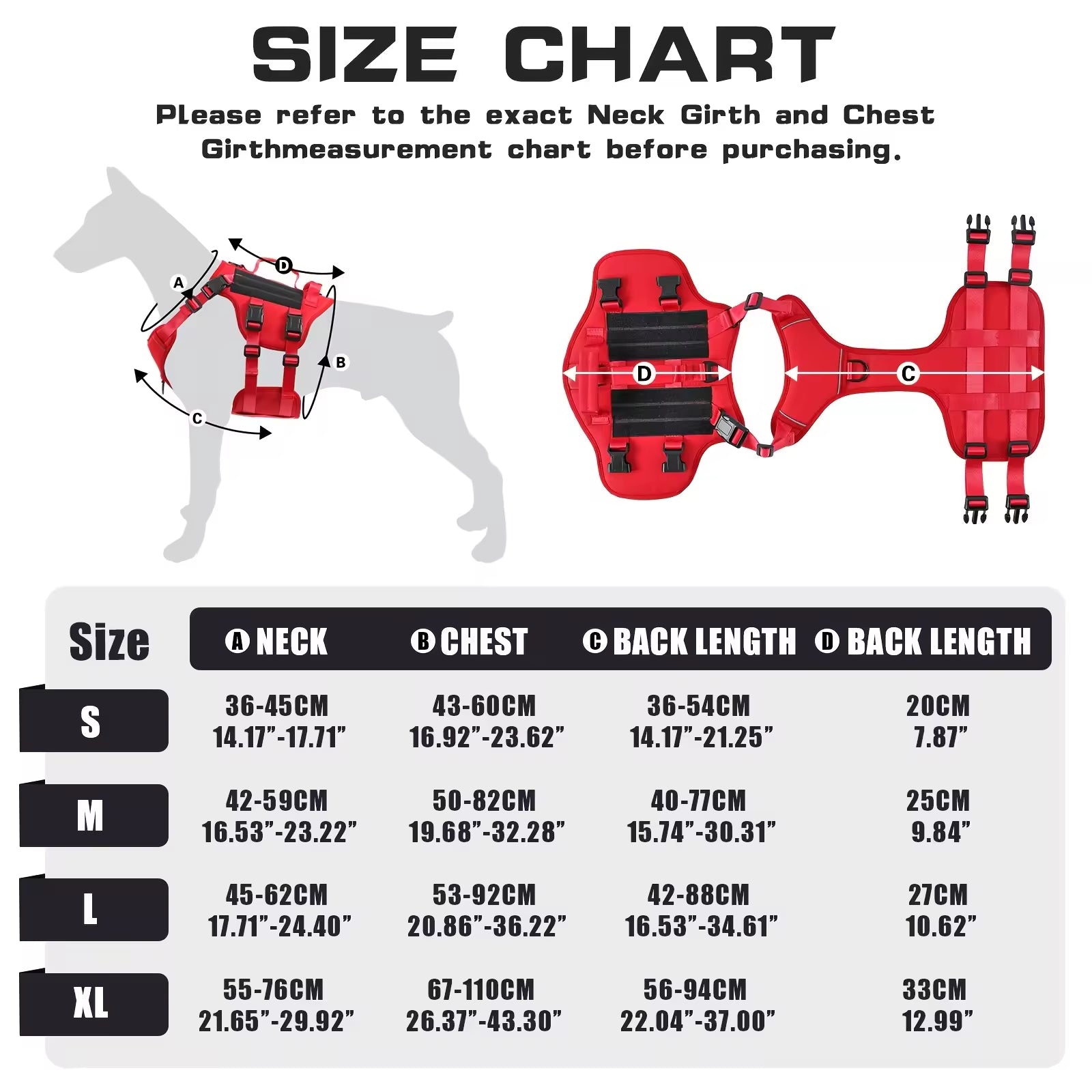 TrailGuard harness size chart with neck, chest, and back measurements