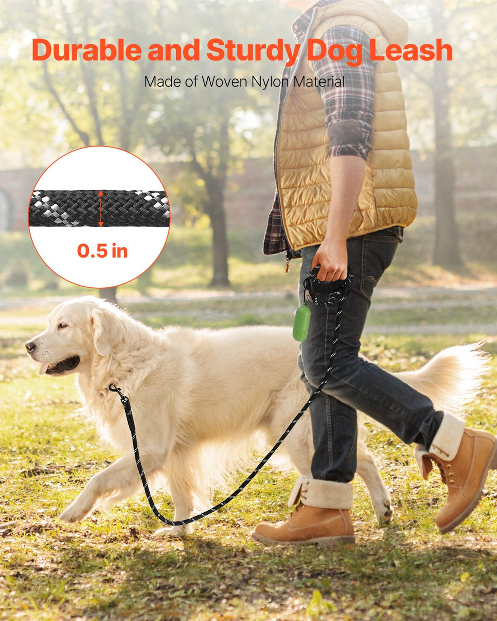 Large dog walking on a black six-foot reflective rope leash