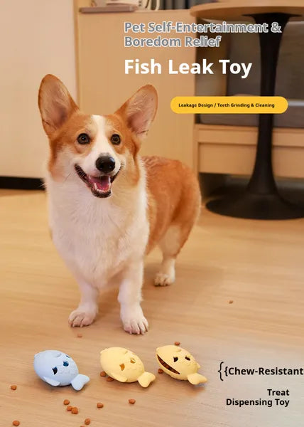 Dog beside blue, yellow, and pink fish-shaped treat dispenser toys