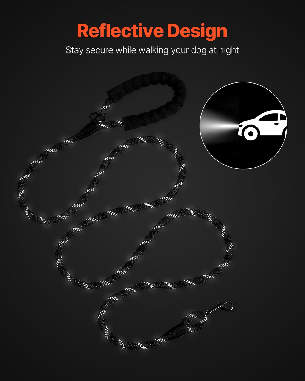 Reflective threading visible on black rope dog leash in low light