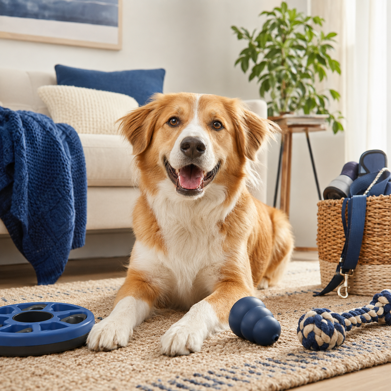 Happy dog with curated enrichment and walking essentials in a bright home